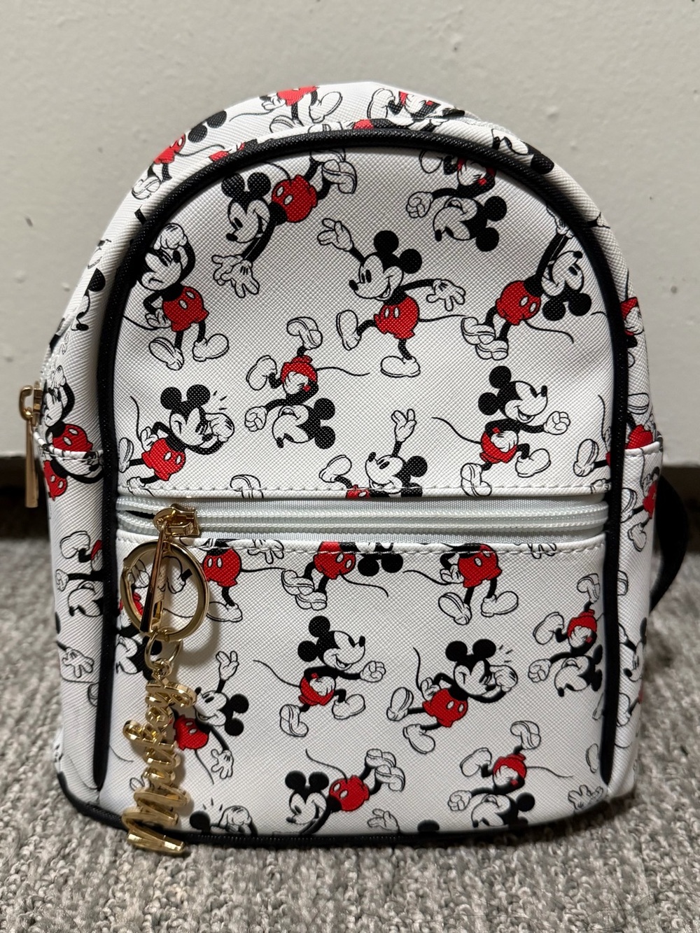 White Mickey Mouse Print Mini Backpack with Gold Charm